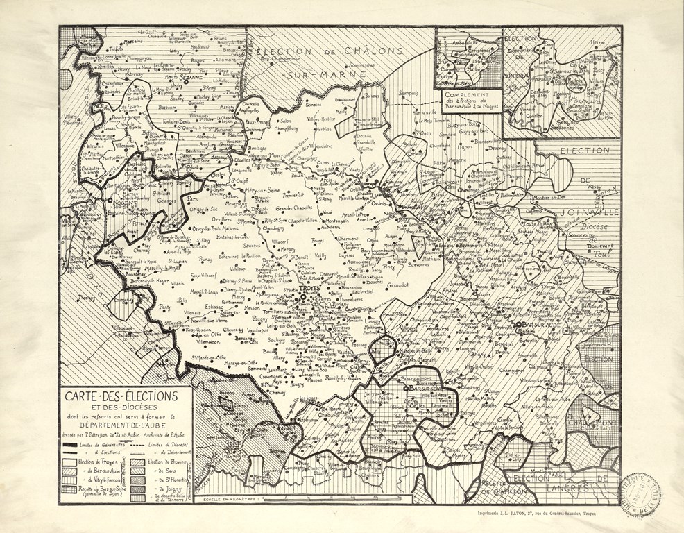 Carte des élections et des diocèses dont les ressorts ont servi à former le département de l'Aube, Troyes, vers 1930 [Carte loc. 1014]