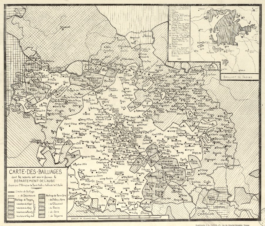 Carte des baillages dont les ressorts ont servi à former le département de l'Aube, Troyes, vers 1930 [Carte loc. 1016]
